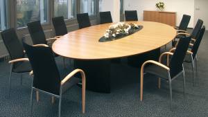 circon s-class - Elliptical conference table - black painted moulded feet and undersides painted glass